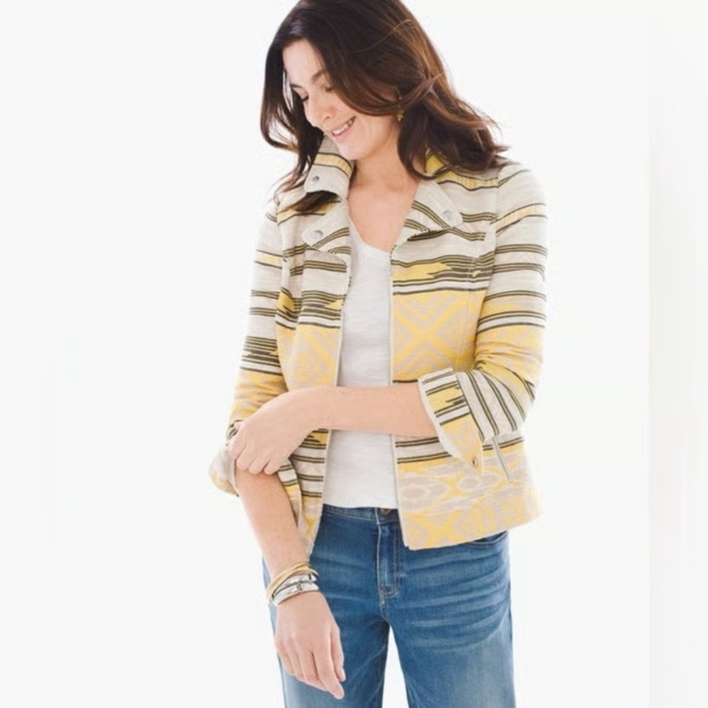 Chicos Womens Jacquard‎ Moto Blazer Jacket Size Medium Yellow Aztec Tribal Print